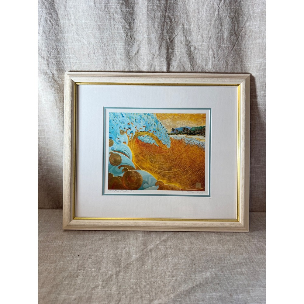 Troy Carney Poi Na Nalu Signed Numbered Textured Gold Leaf Wave Art Framed 18x15
